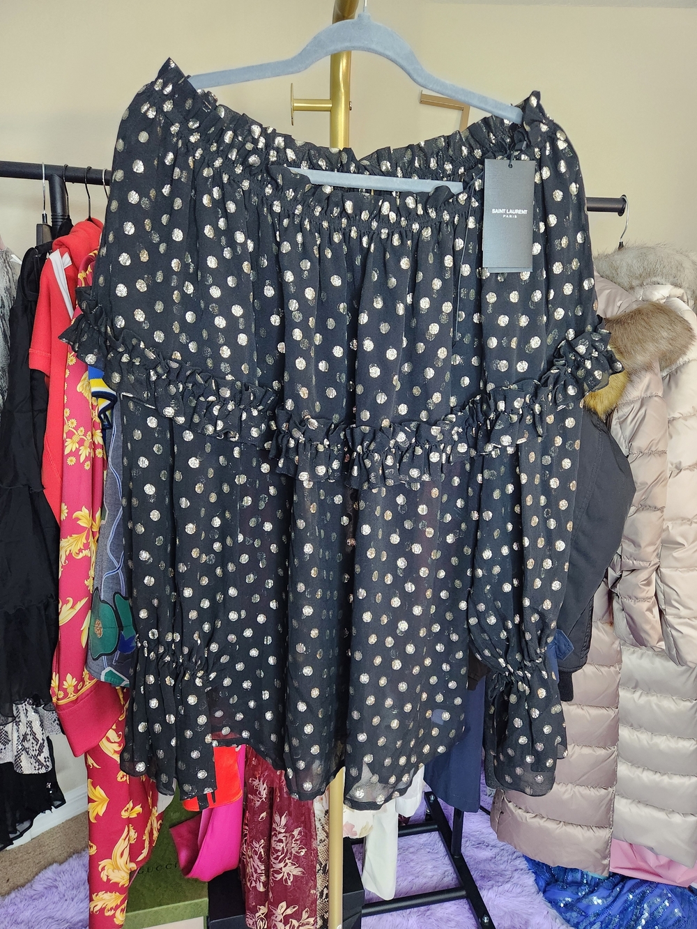 Saint Laurent Black Blouse with Gold Polka Dots